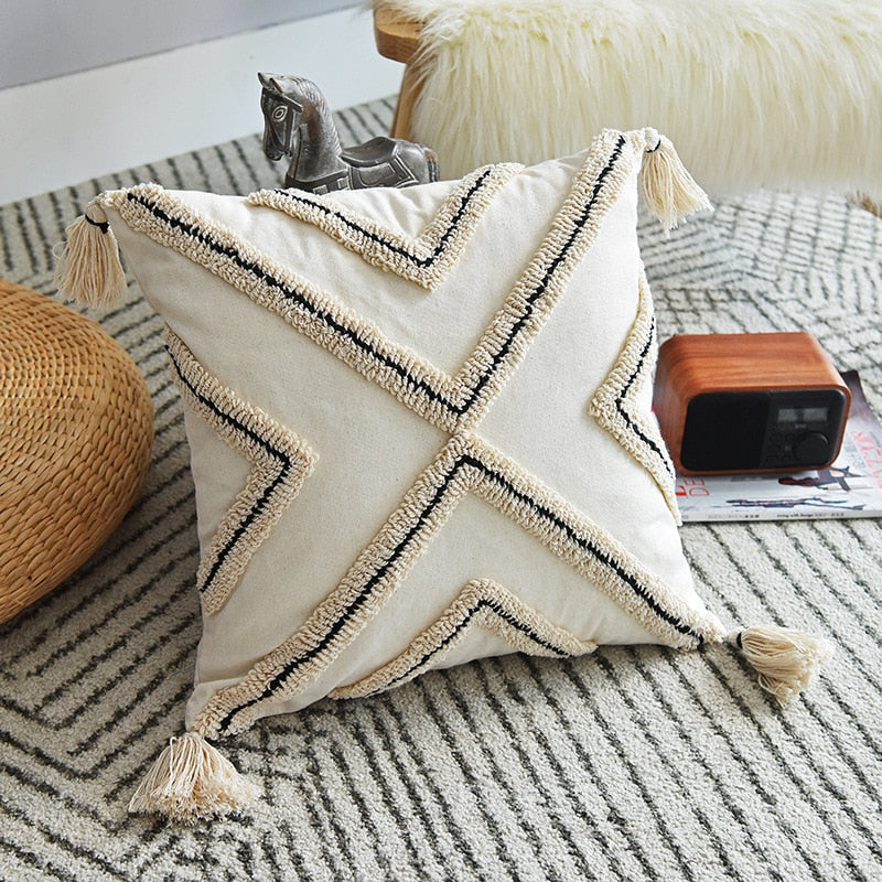 Beige Bohemian Tasseled Pillow Covers