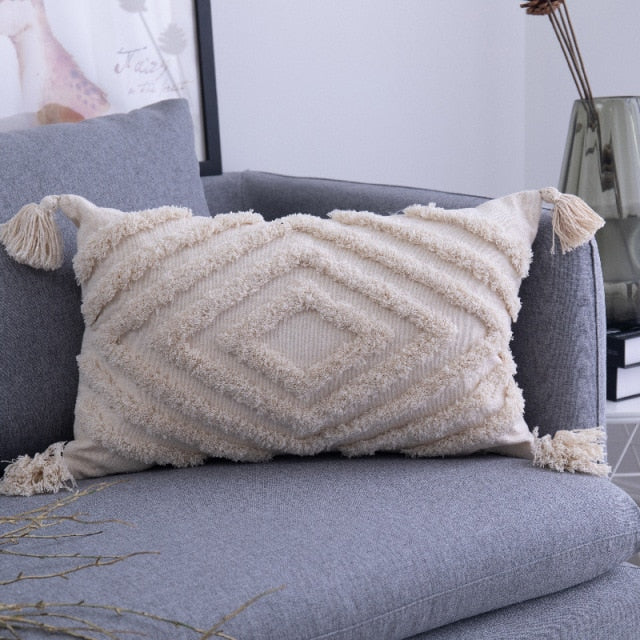 Beige Bohemian Tasseled Pillow Covers