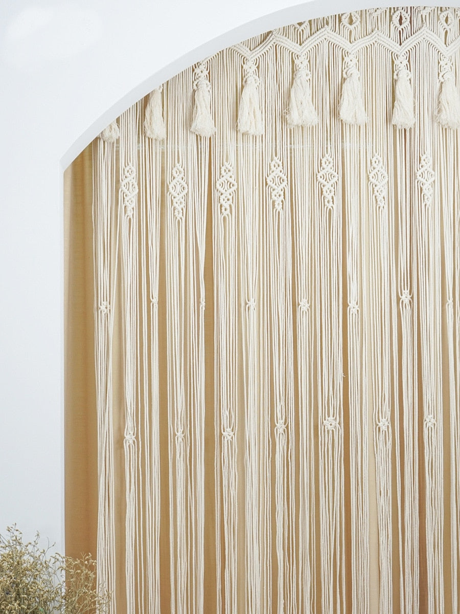White Macrame Curtain with Tassel